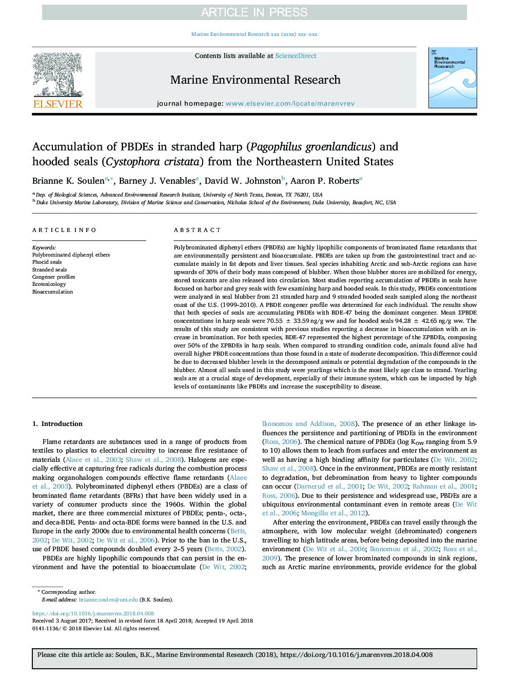 Accumulation of PBDEs in stranded harp (Pagophilus groenlandicus) and hooded seals (Cystophora cristata) from the Northeastern United States