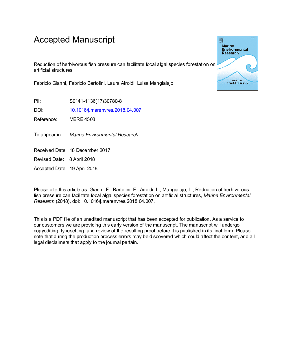 Reduction of herbivorous fish pressure can facilitate focal algal species forestation on artificial structures