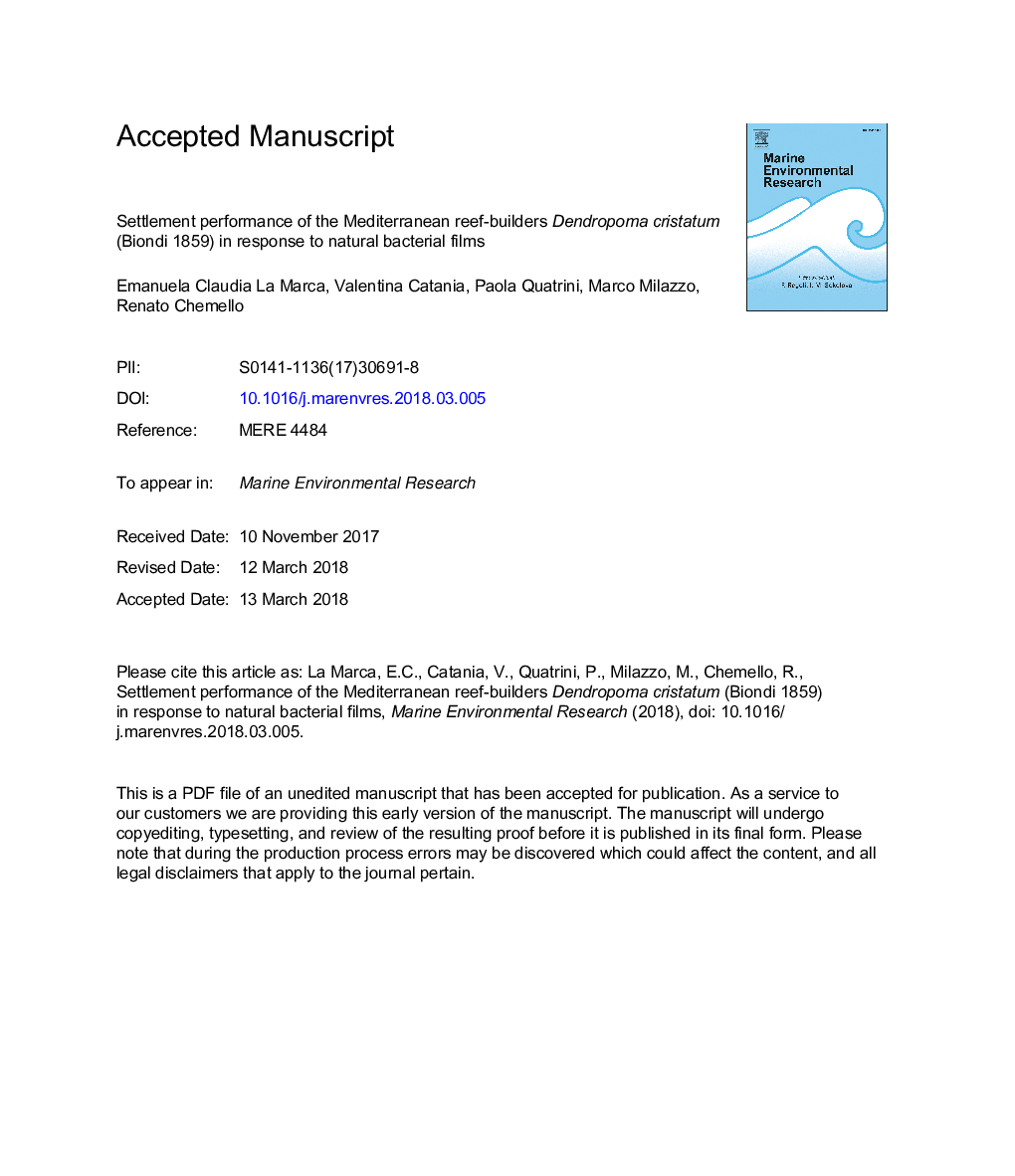 Settlement performance of the Mediterranean reef-builders Dendropoma cristatum (Biondi 1859) in response to natural bacterial films