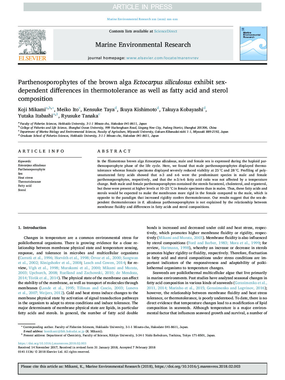 Parthenosporophytes of the brown alga Ectocarpus siliculosus exhibit sex-dependent differences in thermotolerance as well as fatty acid and sterol composition