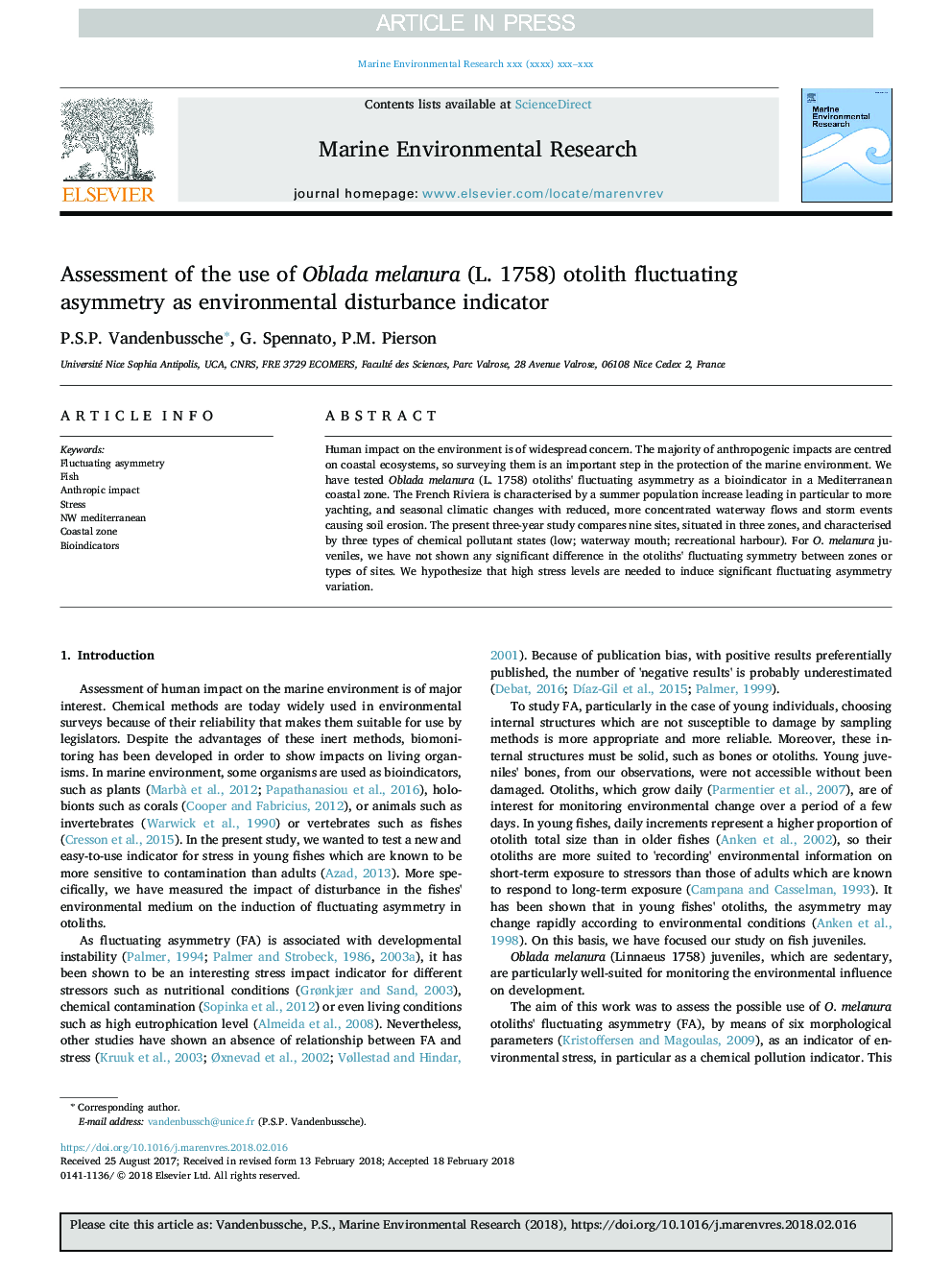 Assessment of the use of Oblada melanura (L. 1758) otolith fluctuating asymmetry as environmental disturbance indicator