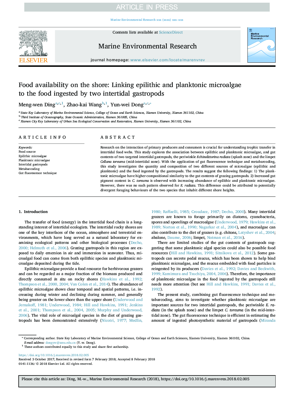 Food availability on the shore: Linking epilithic and planktonic microalgae to the food ingested by two intertidal gastropods