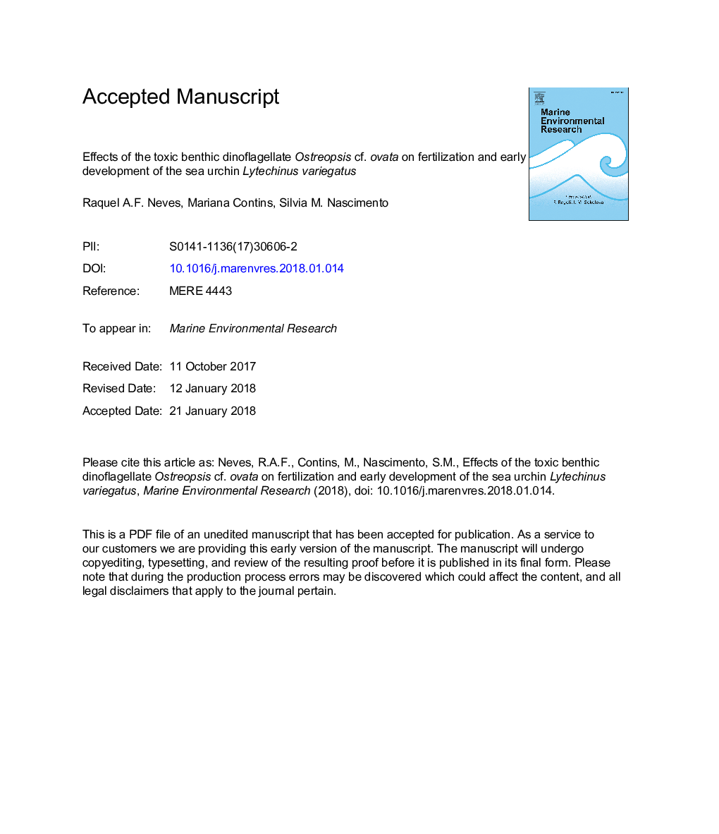 Effects of the toxic benthic dinoflagellate Ostreopsis cf. ovata on fertilization and early development of the sea urchin Lytechinus variegatus