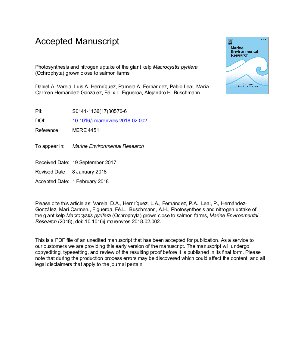 Photosynthesis and nitrogen uptake of the giant kelp Macrocystis pyrifera (Ochrophyta) grown close to salmon farms