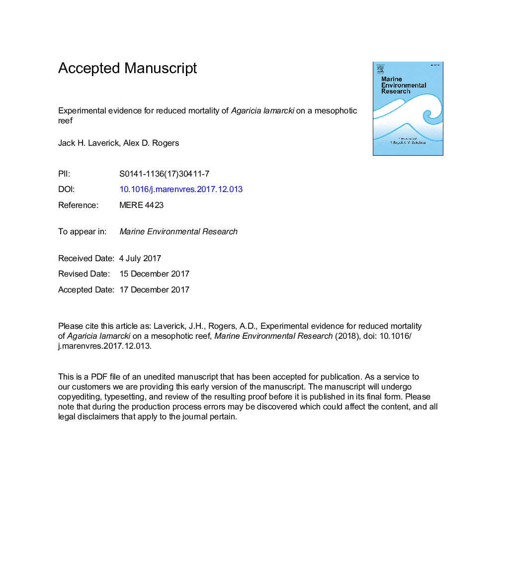 عکس صفحه اول مقاله: Experimental evidence for reduced mortality of Agaricia lamarcki on a mesophotic reef Experimental evidence for reduced mortality of Agaricia lamarcki on a mesophotic reef