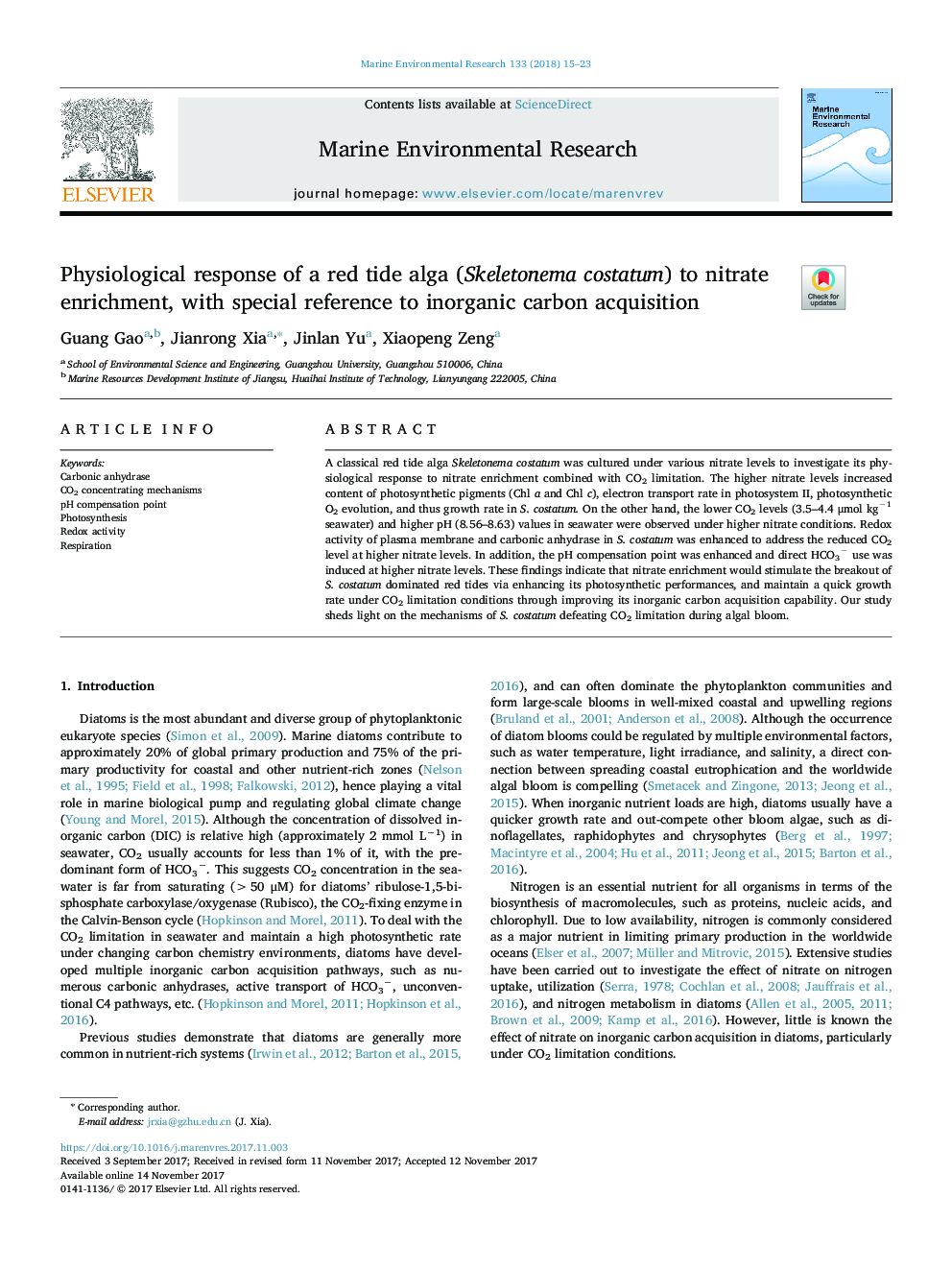 Physiological response of a red tide alga (Skeletonema costatum) to nitrate enrichment, with special reference to inorganic carbon acquisition