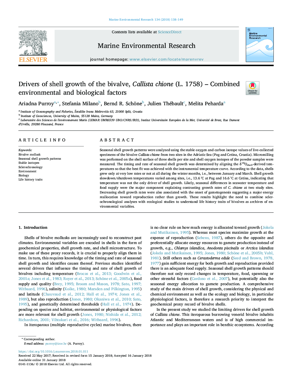 Drivers of shell growth of the bivalve, Callista chione (L. 1758) - Combined environmental and biological factors