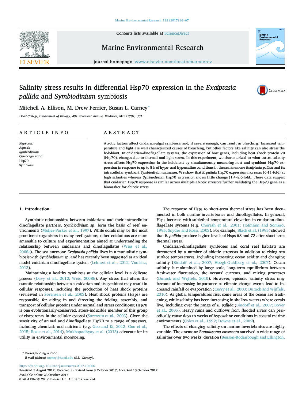 Salinity stress results in differential Hsp70 expression in the Exaiptasia pallida and Symbiodinium symbiosis