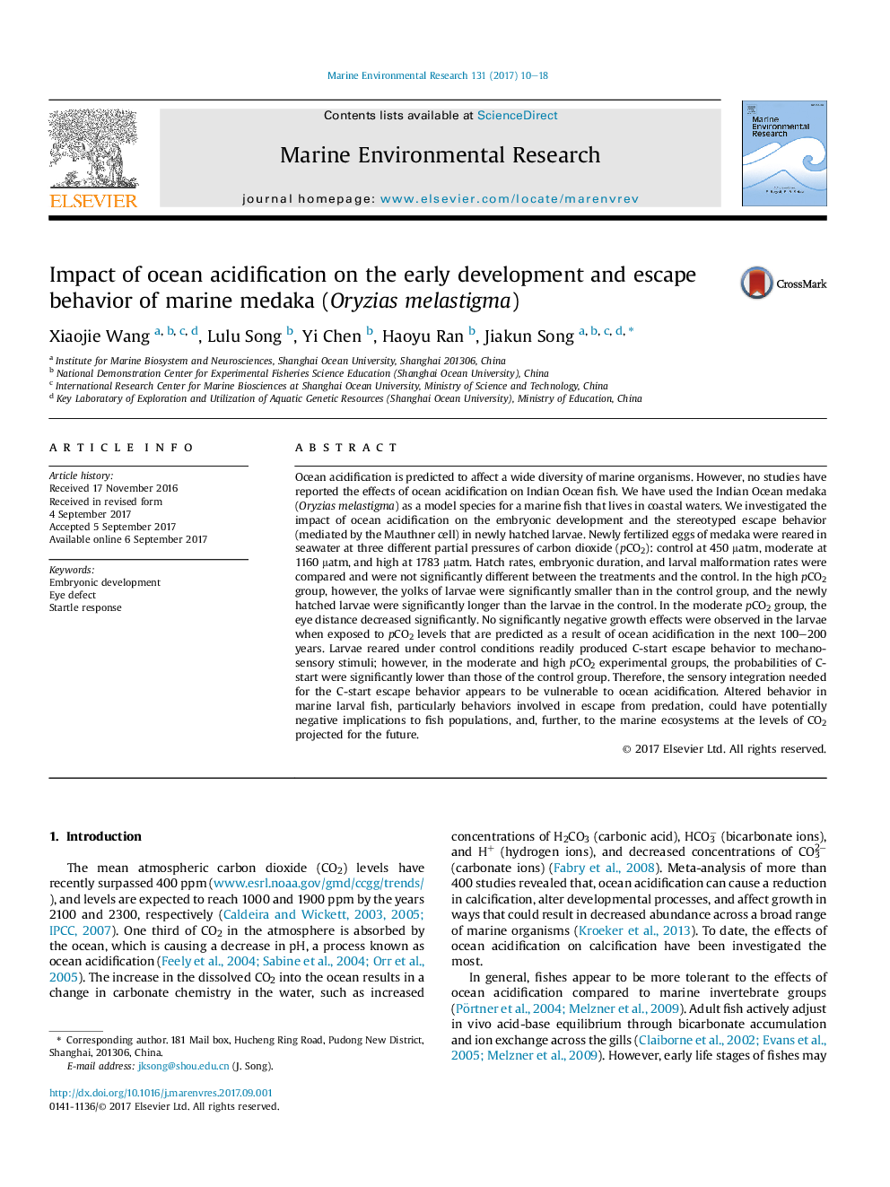 Impact of ocean acidification on the early development and escape behavior of marine medaka (Oryzias melastigma)