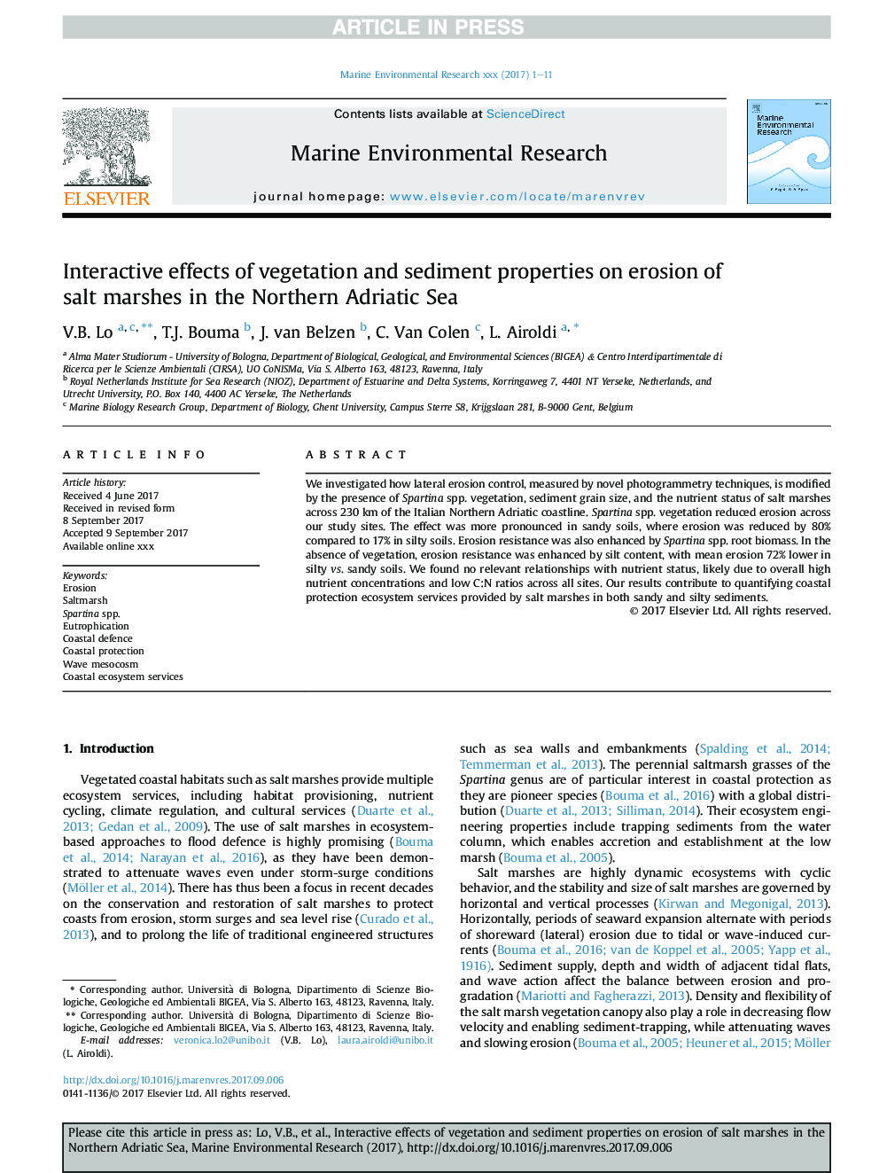 Interactive effects of vegetation and sediment properties on erosion of salt marshes in the Northern Adriatic Sea