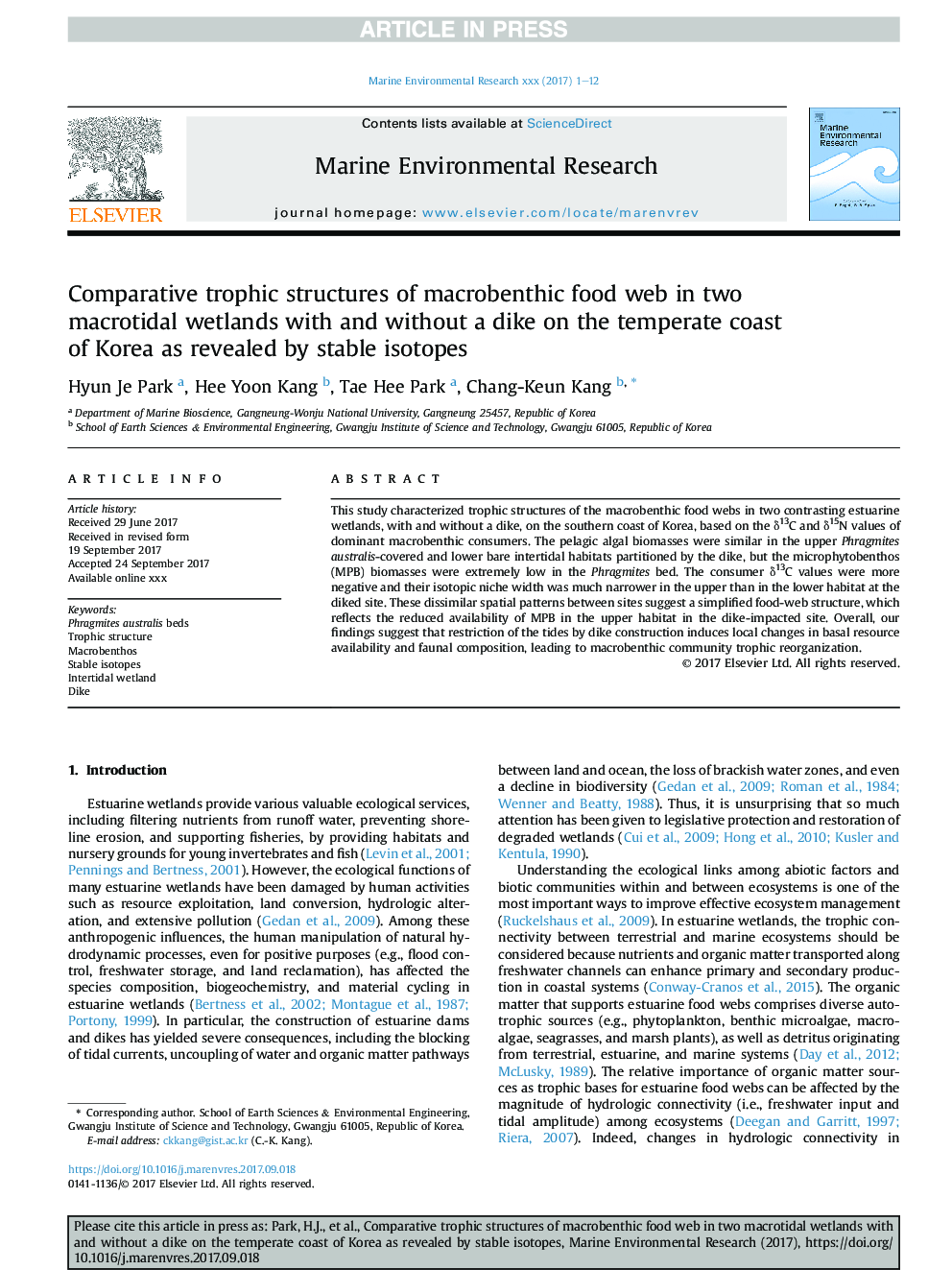 Comparative trophic structures of macrobenthic food web in two macrotidal wetlands with and without a dike on the temperate coast of Korea as revealed by stable isotopes