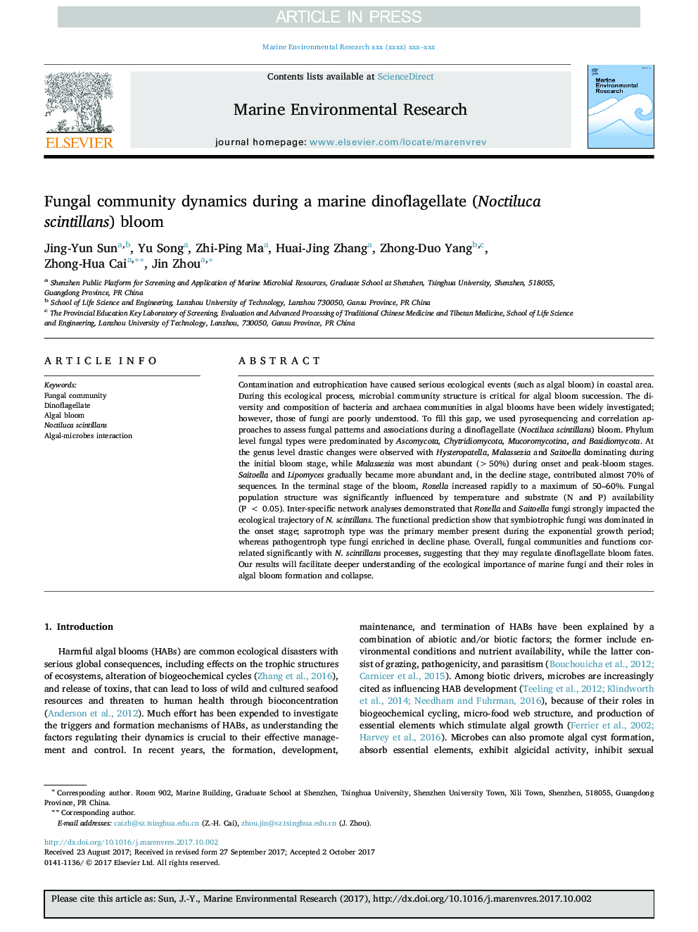 Fungal community dynamics during a marine dinoflagellate (Noctiluca scintillans) bloom