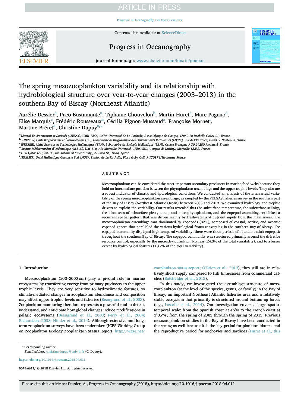 The spring mesozooplankton variability and its relationship with hydrobiological structure over year-to-year changes (2003-2013) in the southern Bay of Biscay (Northeast Atlantic)