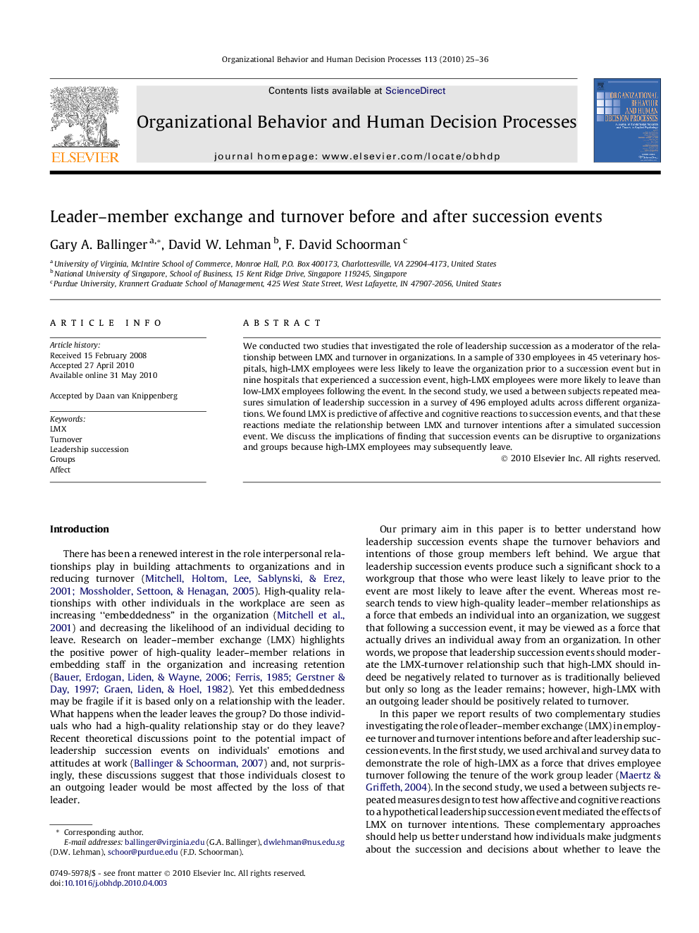 Leader–member exchange and turnover before and after succession events