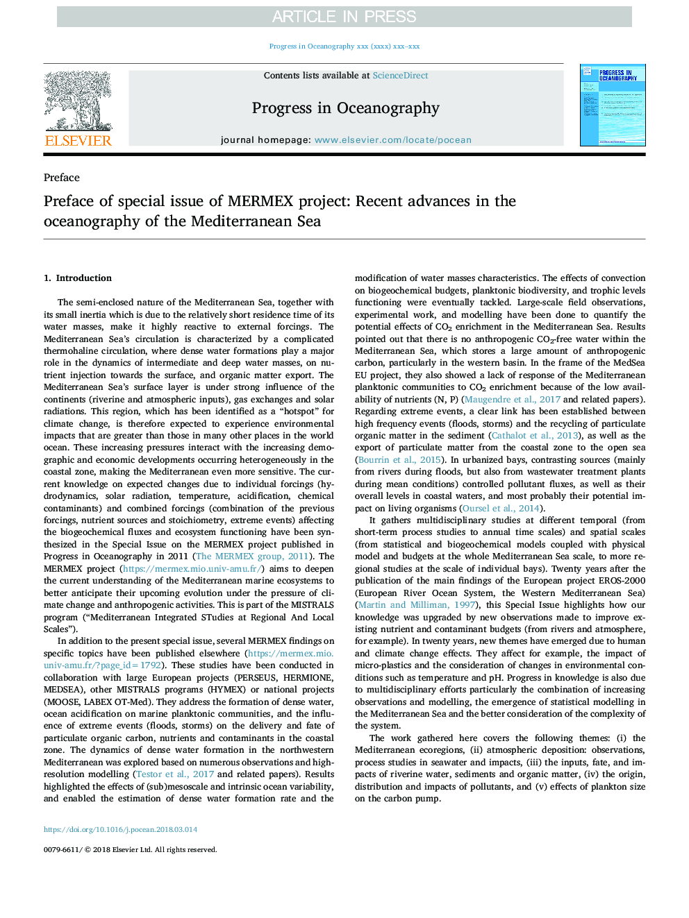 Preface of special issue of MERMEX project: Recent advances in the oceanography of the Mediterranean Sea