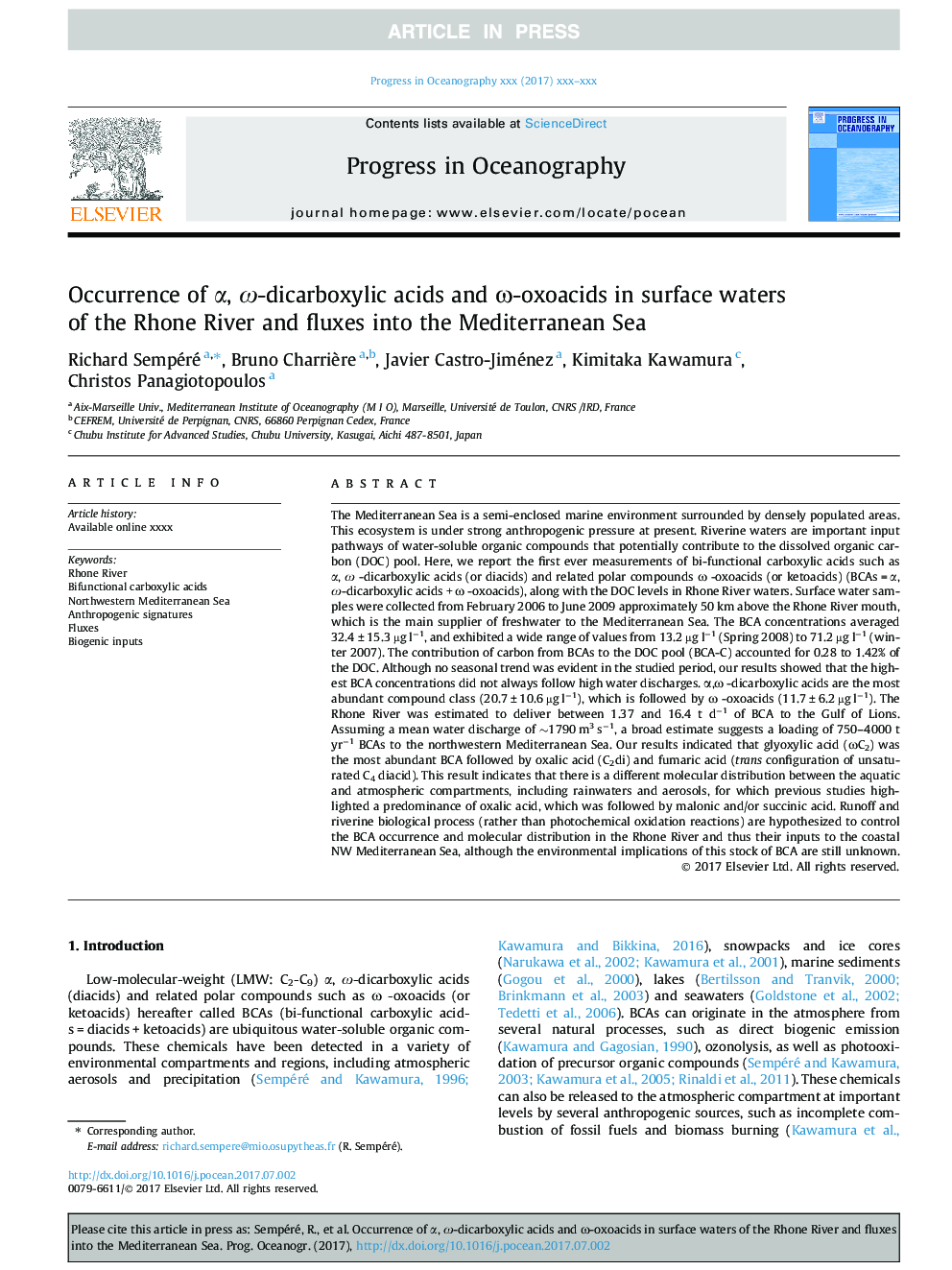 Occurrence of Î±, Ï-dicarboxylic acids and Ï-oxoacids in surface waters of the Rhone River and fluxes into the Mediterranean Sea