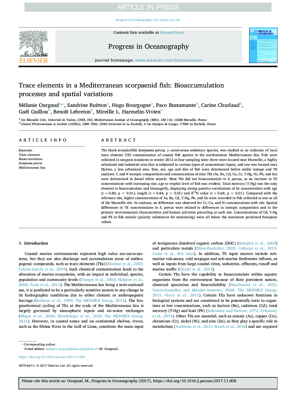 عناصر ردیابی در ماهی اسکارپانید مدیترانه: فرایندهای ذخیره سازی بیولوژیکی و تغییرات 