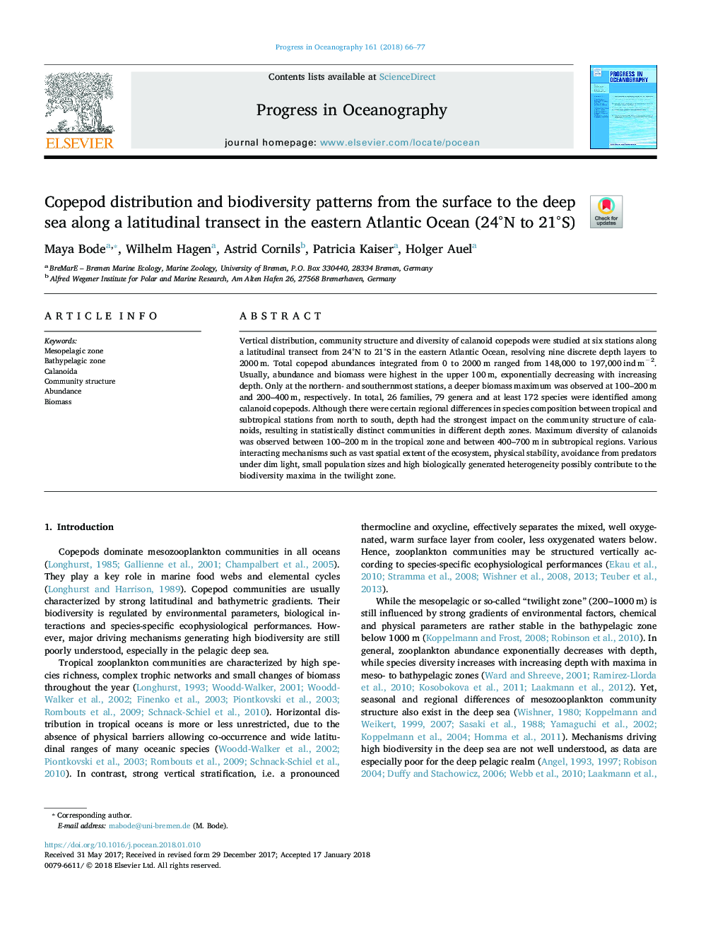 Copepod distribution and biodiversity patterns from the surface to the deep sea along a latitudinal transect in the eastern Atlantic Ocean (24Â°N to 21Â°S)