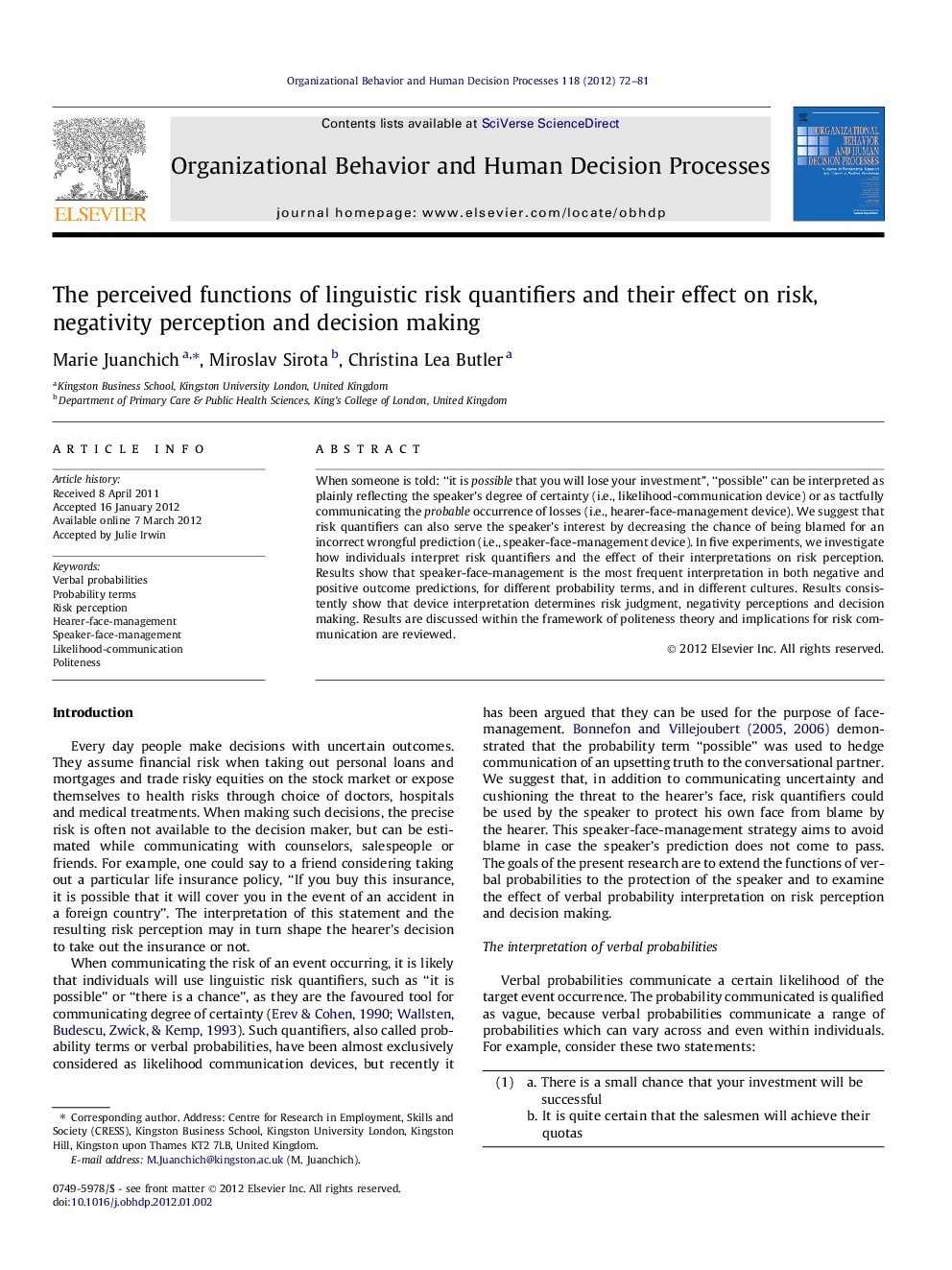 The perceived functions of linguistic risk quantifiers and their effect on risk, negativity perception and decision making