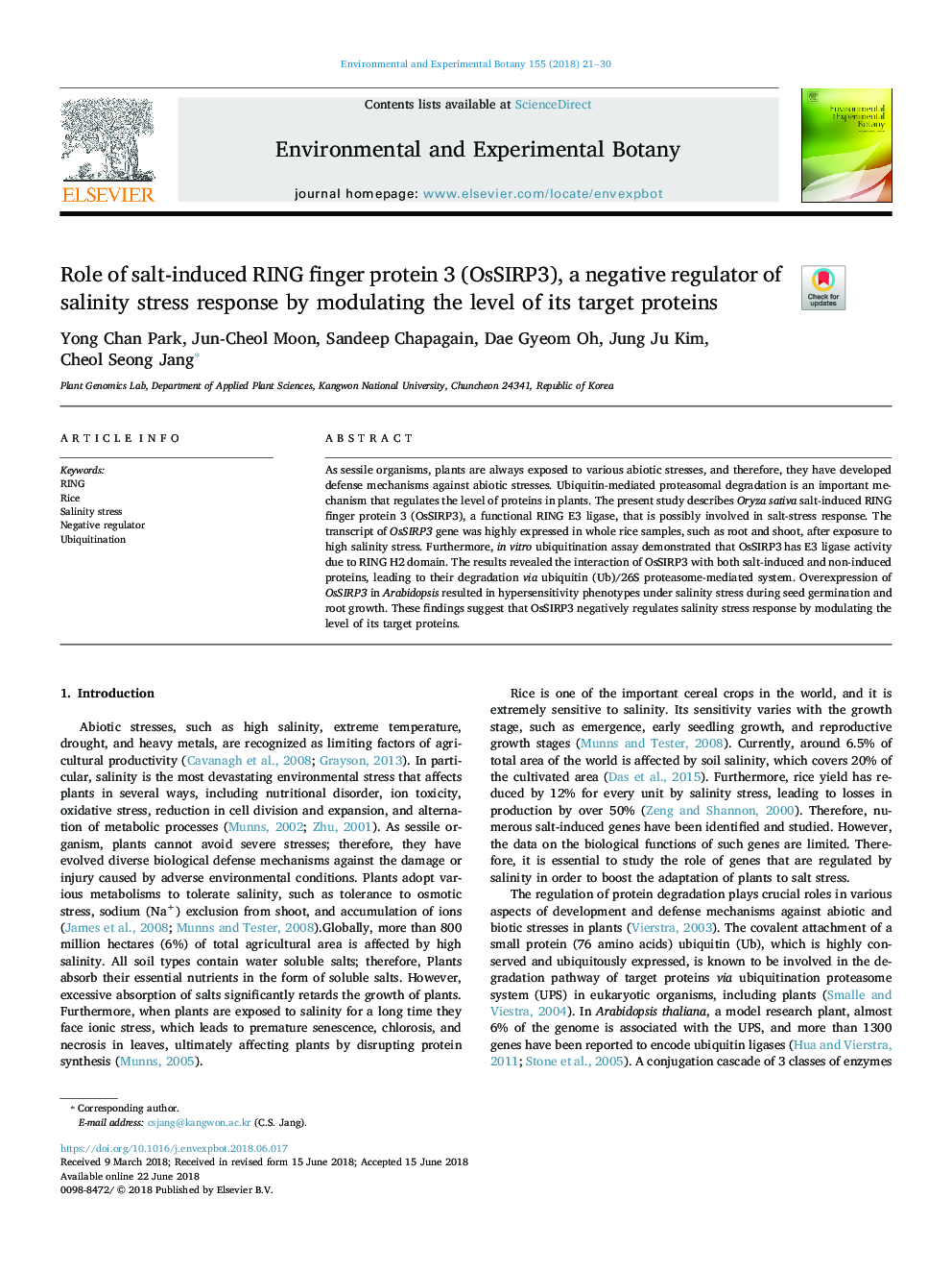 Role of salt-induced RING finger protein 3 (OsSIRP3), a negative regulator of salinity stress response by modulating the level of its target proteins