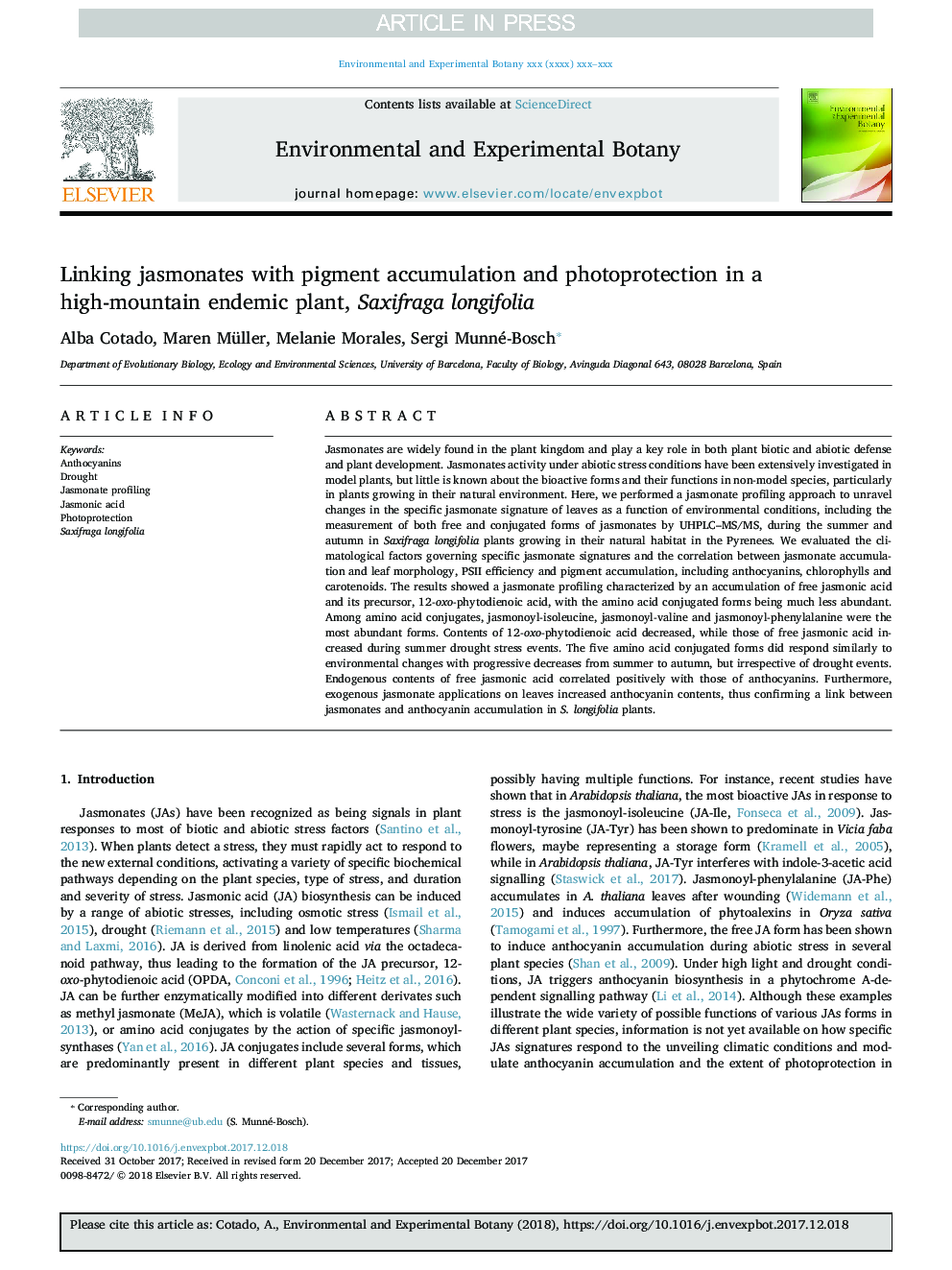 Linking jasmonates with pigment accumulation and photoprotection in a high-mountain endemic plant, Saxifraga longifolia