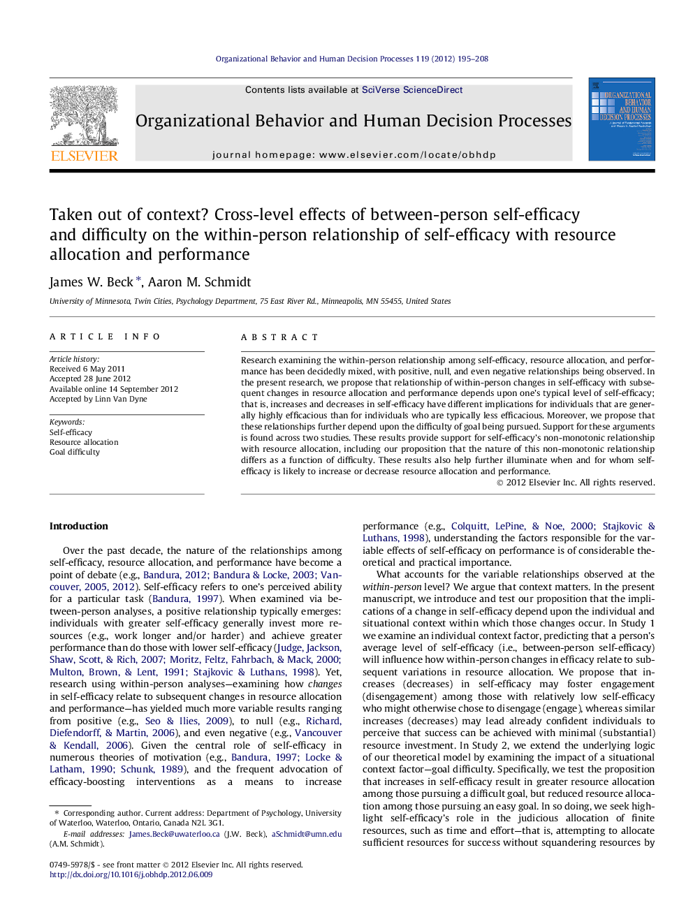 Taken out of context? Cross-level effects of between-person self-efficacy and difficulty on the within-person relationship of self-efficacy with resource allocation and performance