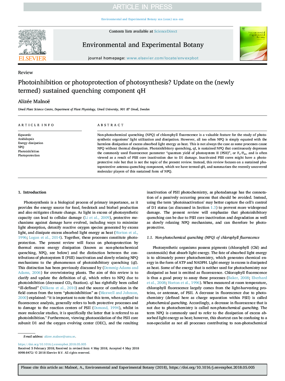 Photoinhibition or photoprotection of photosynthesis? Update on the (newly termed) sustained quenching component qH