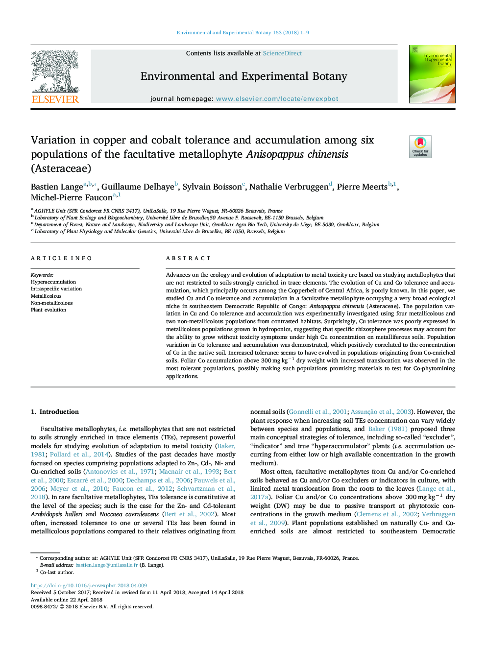 Variation in copper and cobalt tolerance and accumulation among six populations of the facultative metallophyte Anisopappus chinensis (Asteraceae)
