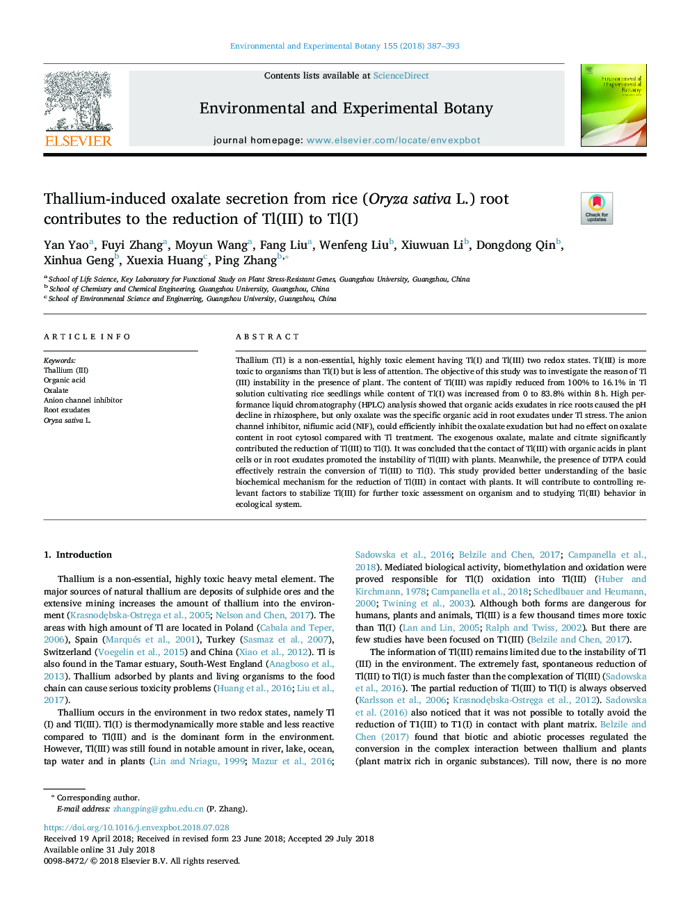 Thallium-induced oxalate secretion from rice (Oryza sativa L.) root contributes to the reduction of Tl(III) to Tl(I)