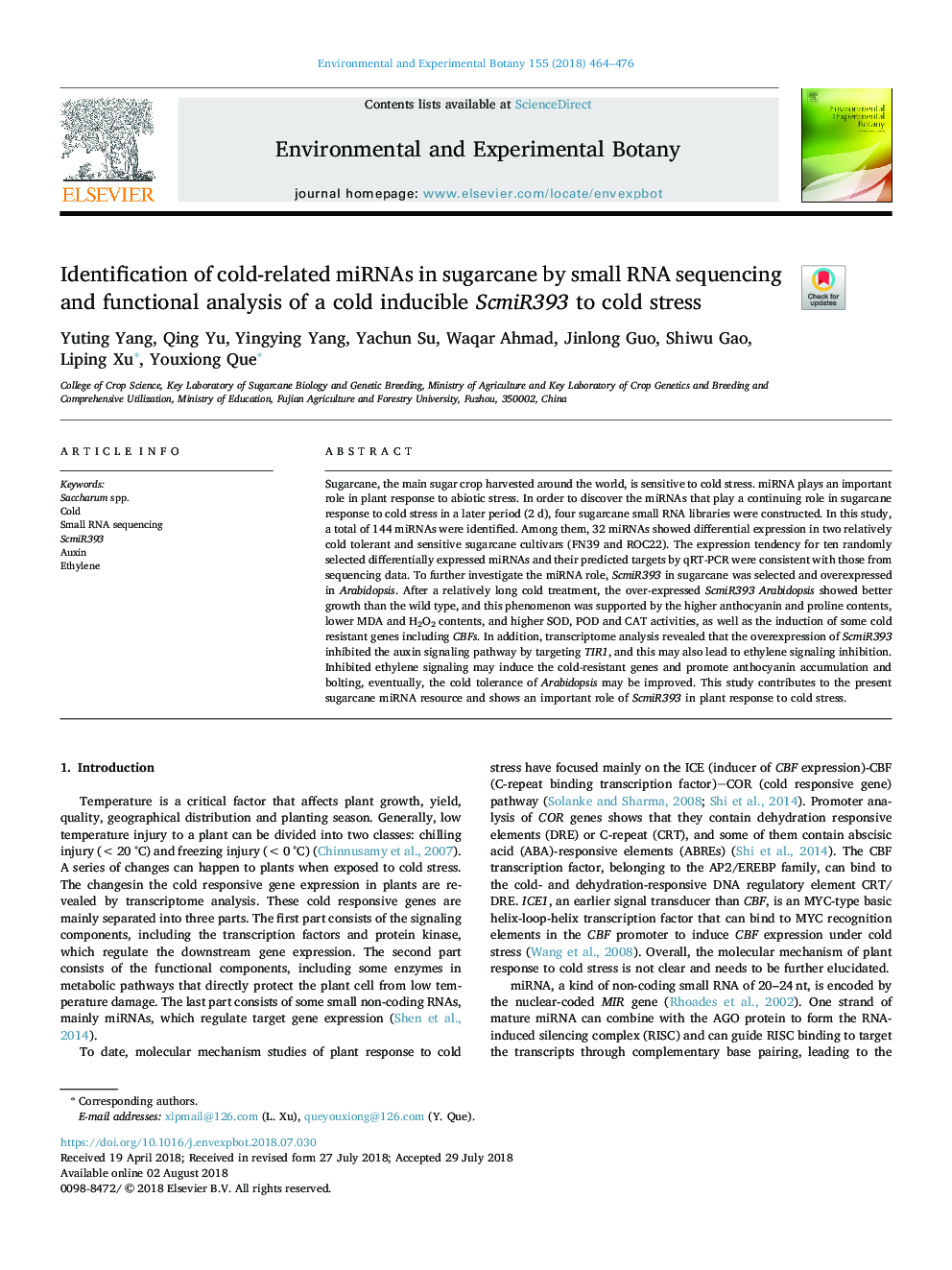 Identification of cold-related miRNAs in sugarcane by small RNA sequencing and functional analysis of a cold inducible ScmiR393 to cold stress