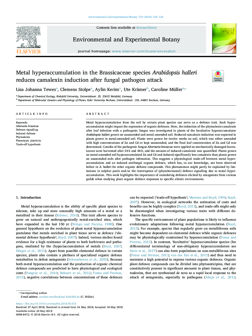 عکس صفحه اول مقاله: Metal hyperaccumulation in the Brassicaceae species Arabidopsis halleri reduces camalexin induction after fungal pathogen attack Metal hyperaccumulation in the Brassicaceae species Arabidopsis halleri reduces camalexin induction after fungal pathogen attack