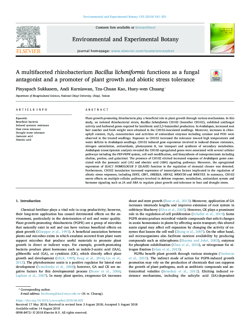 A multifaceted rhizobacterium Bacillus licheniformis functions as a fungal antagonist and a promoter of plant growth and abiotic stress tolerance