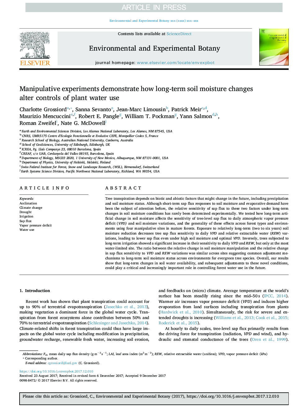 Manipulative experiments demonstrate how long-term soil moisture changes alter controls of plant water use