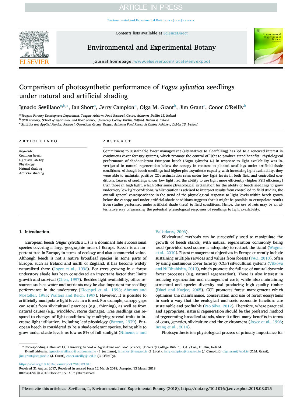 Comparison of photosynthetic performance of Fagus sylvatica seedlings under natural and artificial shading