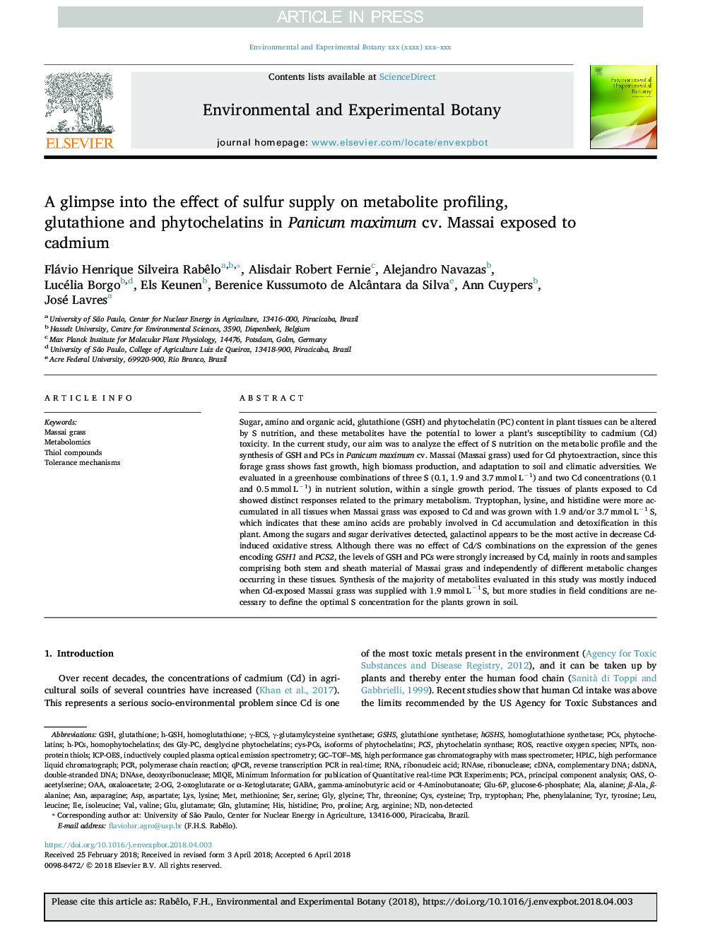 A glimpse into the effect of sulfur supply on metabolite profiling, glutathione and phytochelatins in Panicum maximum cv. Massai exposed to cadmium