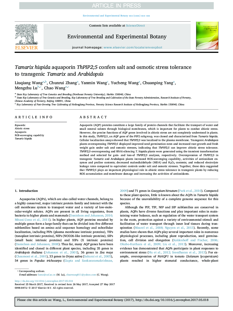 Tamarix hispida aquaporin ThPIP2;5 confers salt and osmotic stress tolerance to transgenic Tamarix and Arabidopsis