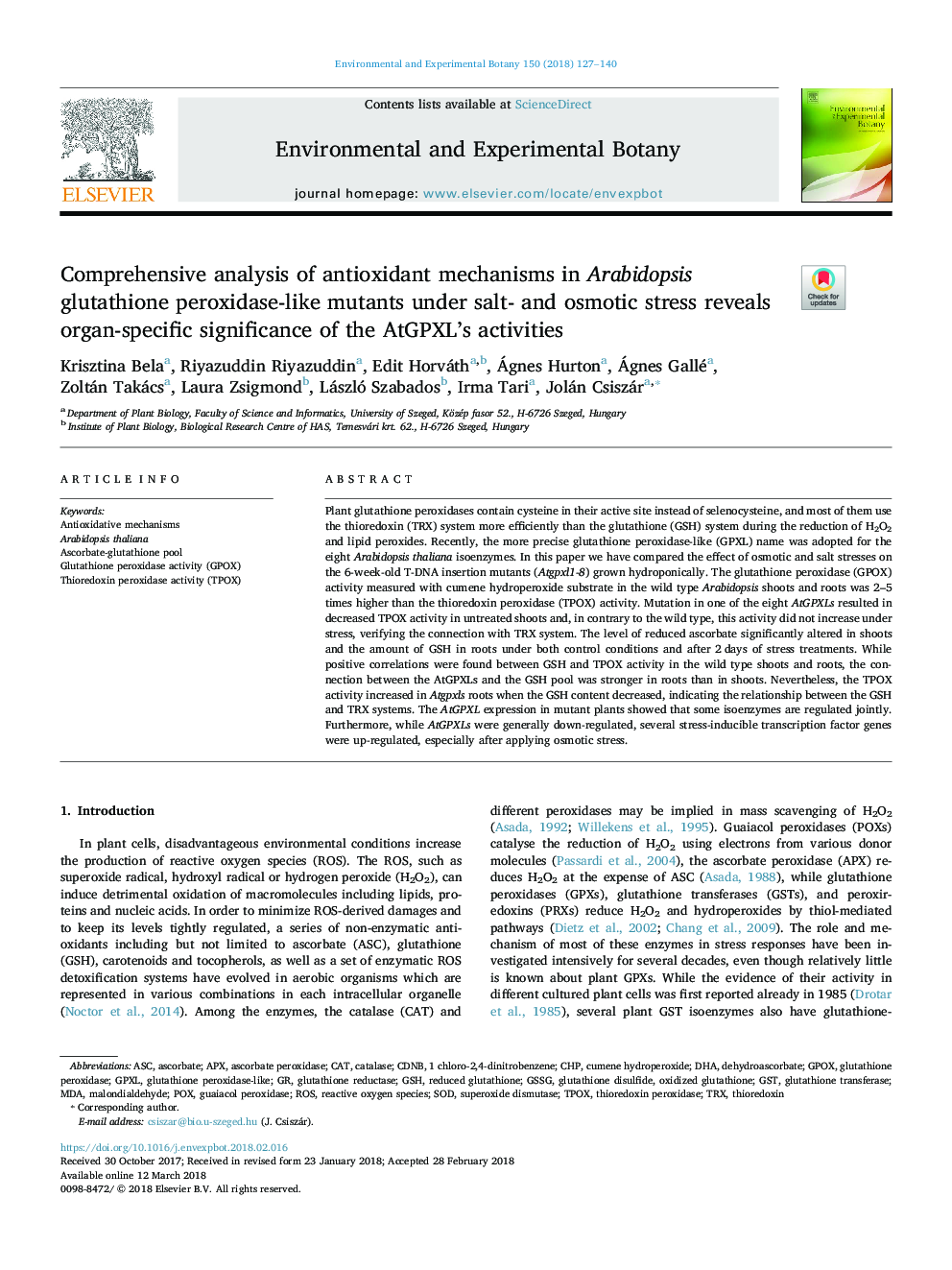 Comprehensive analysis of antioxidant mechanisms in Arabidopsis glutathione peroxidase-like mutants under salt- and osmotic stress reveals organ-specific significance of the AtGPXL's activities