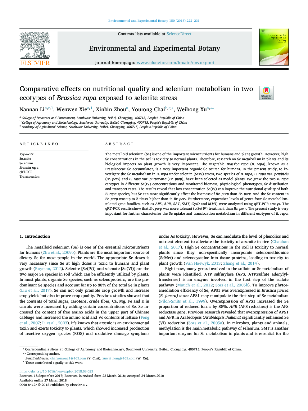 Comparative effects on nutritional quality and selenium metabolism in two ecotypes of Brassica rapa exposed to selenite stress