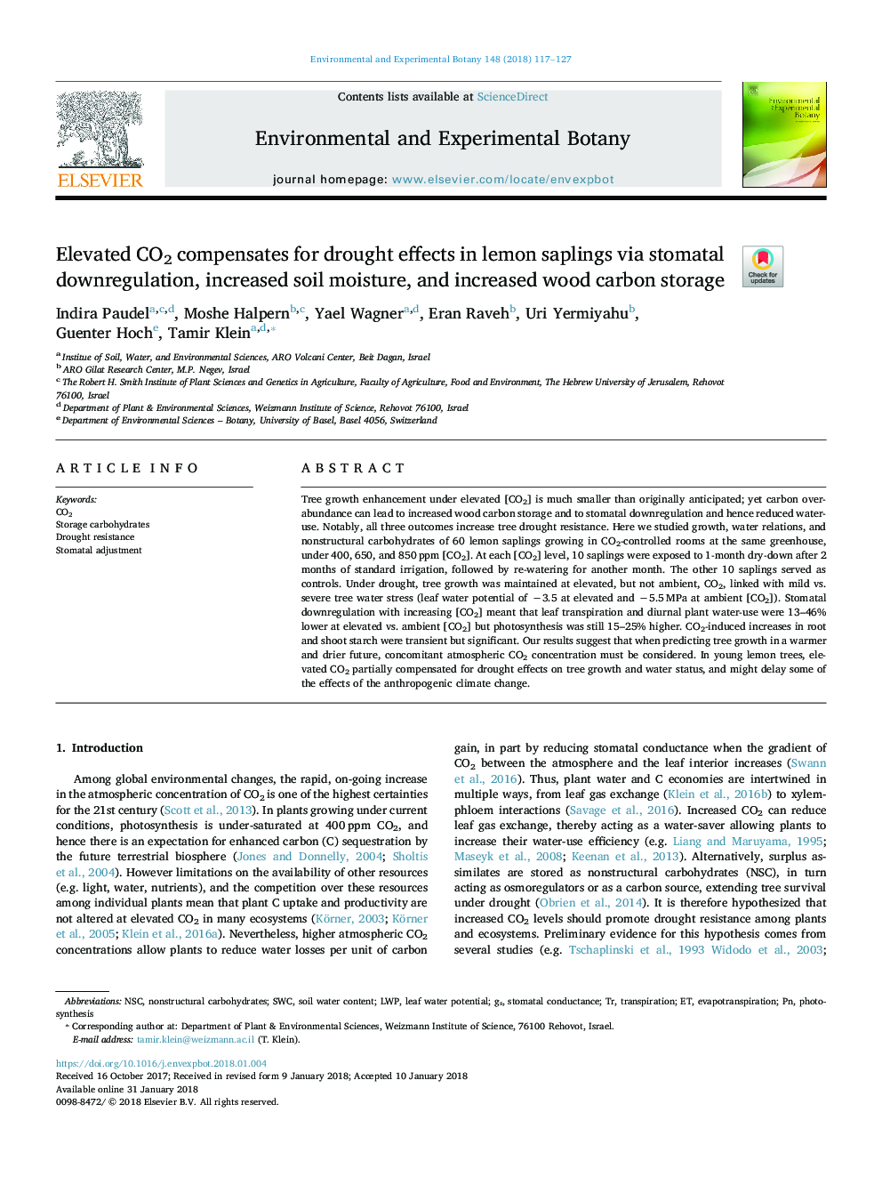 عکس صفحه اول مقاله: Elevated CO2 compensates for drought effects in lemon saplings via stomatal downregulation, increased soil moisture, and increased wood carbon storage Elevated CO2 compensates for drought effects in lemon saplings via stomatal downregulation, increased soil moisture, and increased wood carbon storage
