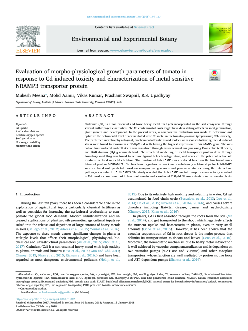Evaluation of morpho-physiological growth parameters of tomato in response to Cd induced toxicity and characterization of metal sensitive NRAMP3 transporter protein