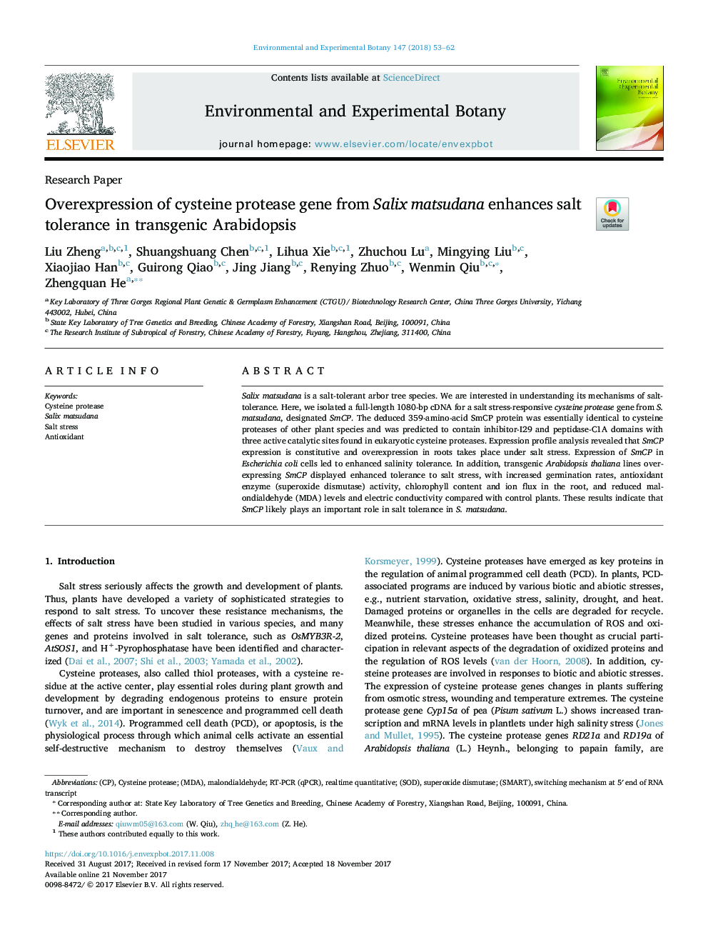 Overexpression of cysteine protease gene from Salix matsudana enhances salt tolerance in transgenic Arabidopsis