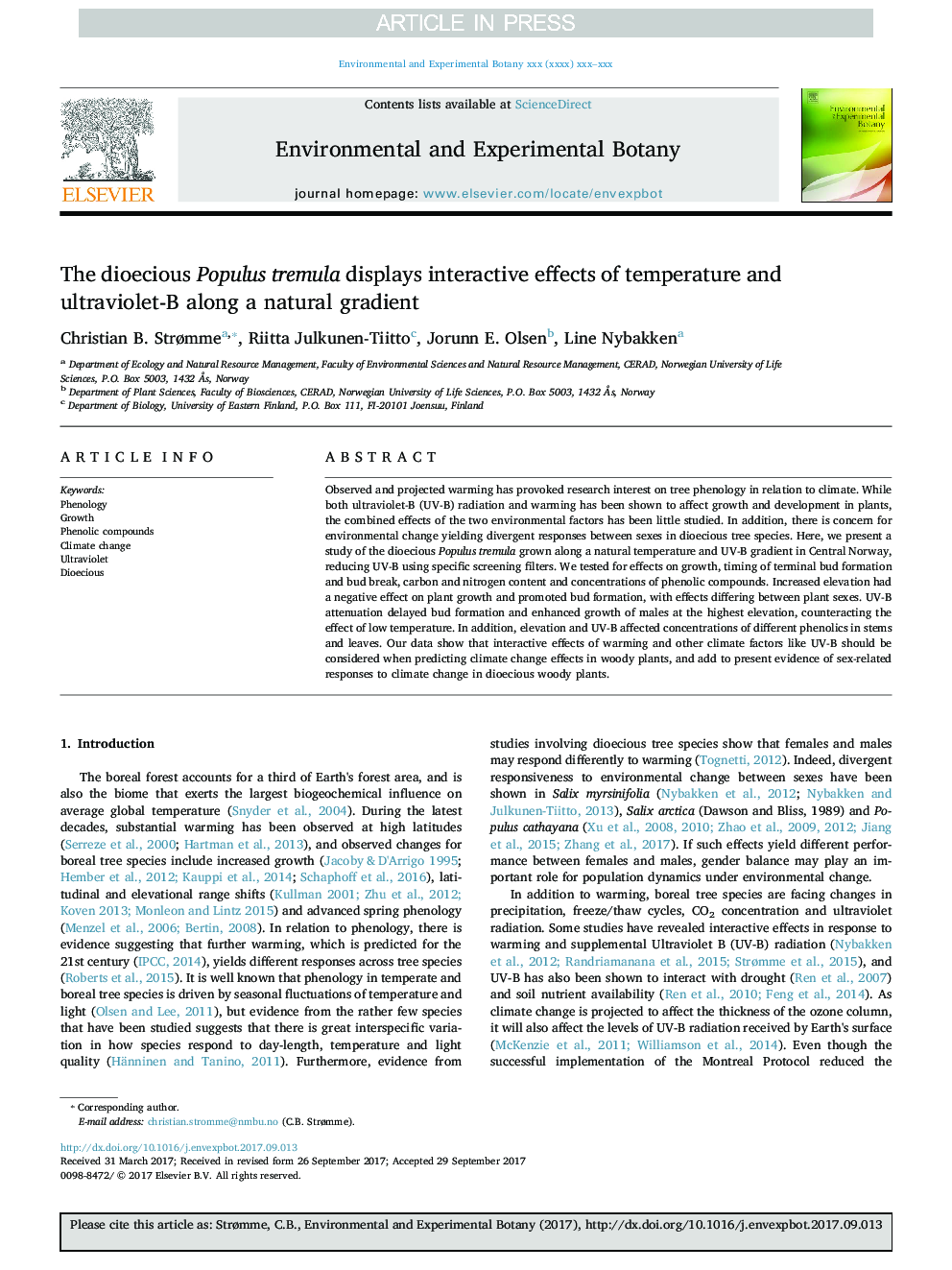 The dioecious Populus tremula displays interactive effects of temperature and ultraviolet-B along a natural gradient