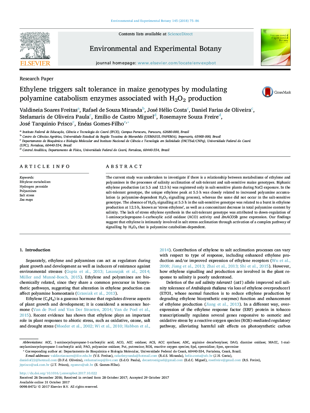 Ethylene triggers salt tolerance in maize genotypes by modulating polyamine catabolism enzymes associated with H2O2 production