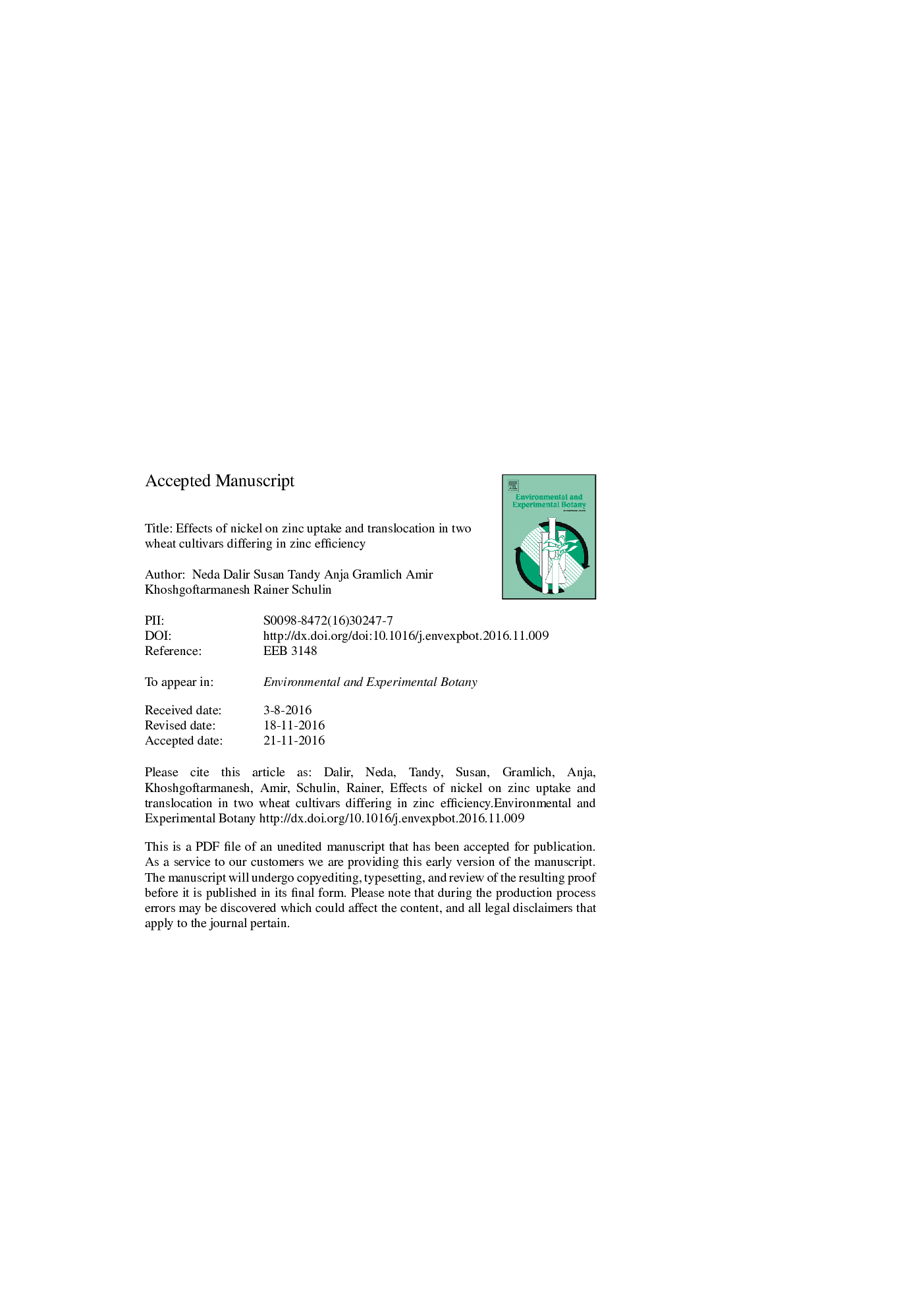 Effects of nickel on zinc uptake and translocation in two wheat cultivars differing in zinc efficiency