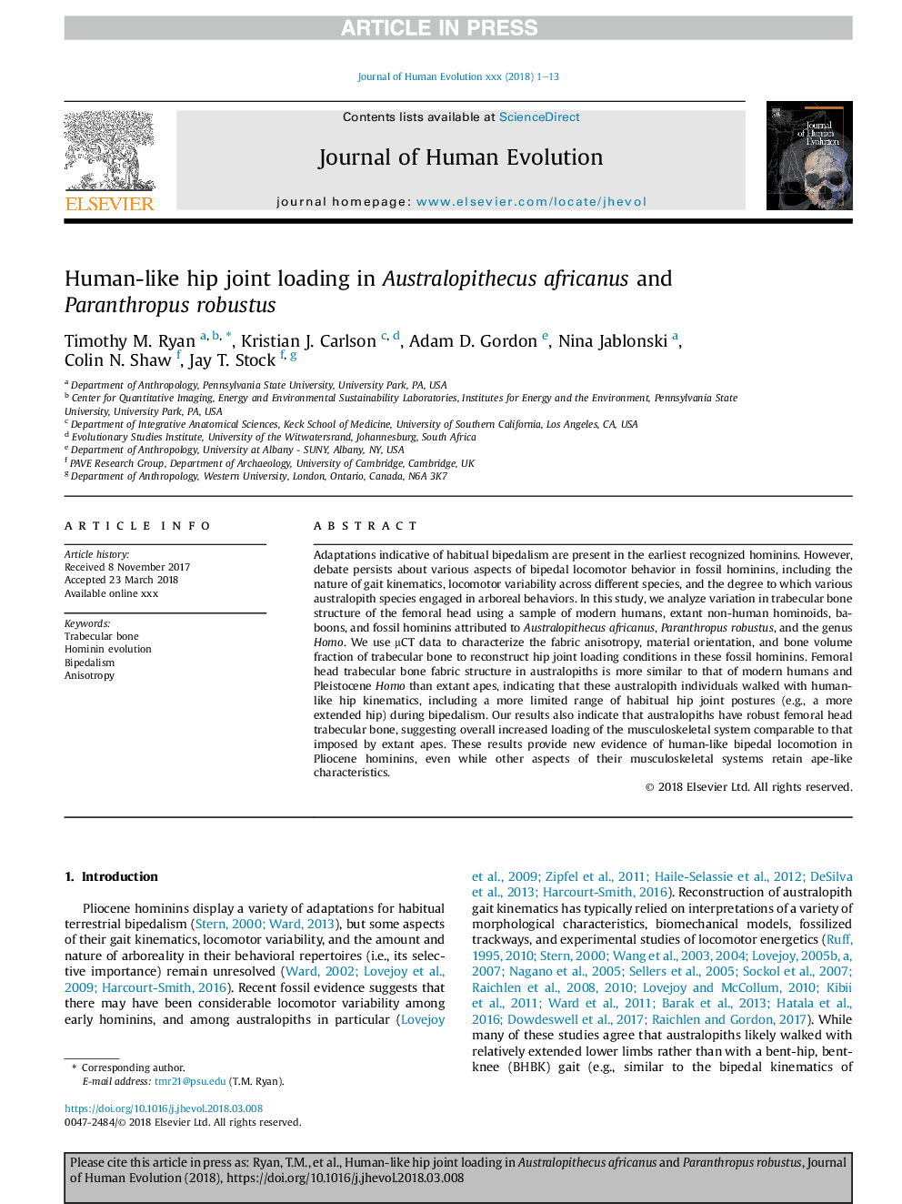 بارگذاری مفصل مفصلی انسان در استرالوپیتکوس آفریقا و پرانتروپوس 