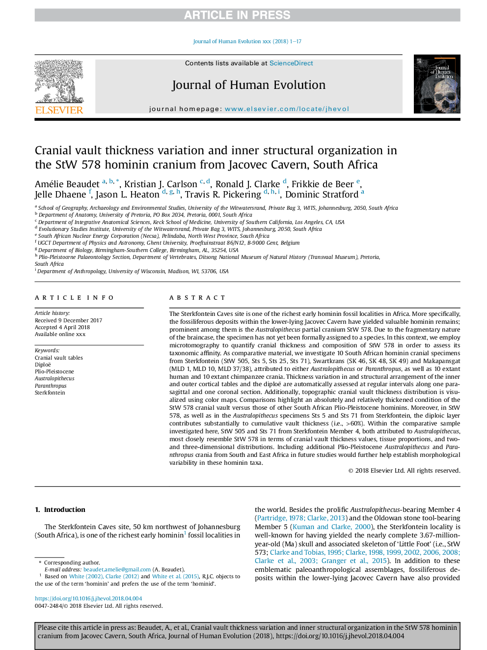 Cranial vault thickness variation and inner structural organization in the StW 578 hominin cranium from Jacovec Cavern, South Africa