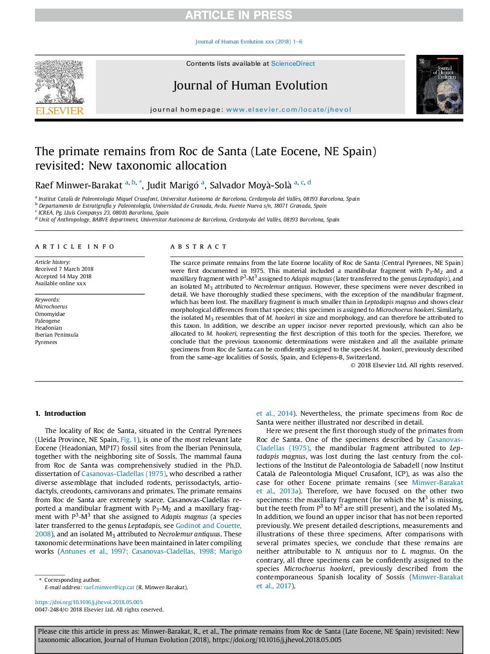 The primate remains from Roc de Santa (Late Eocene, NE Spain) revisited: New taxonomic allocation