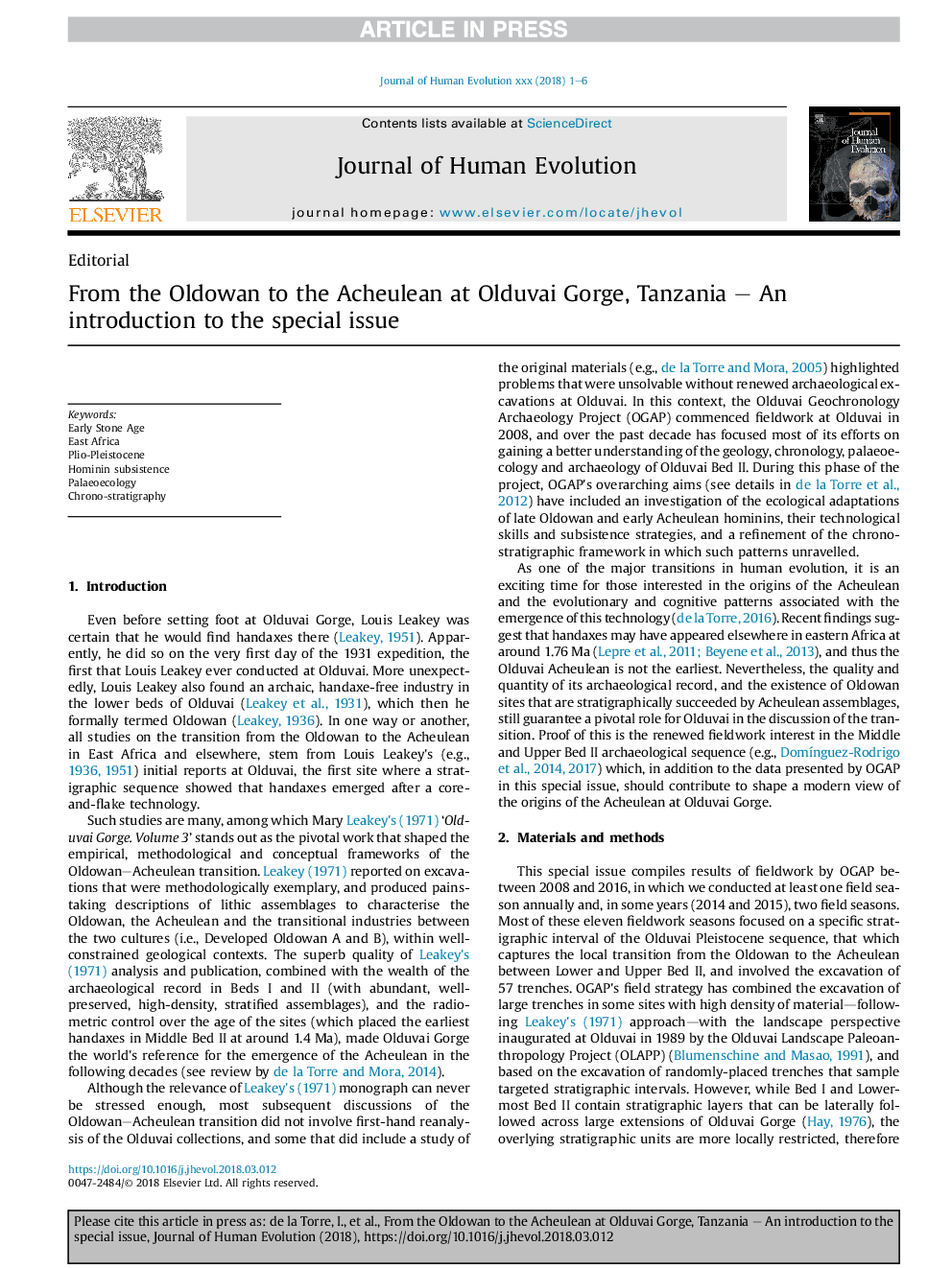 From the Oldowan to the Acheulean at Olduvai Gorge, Tanzania - An introduction to the special issue