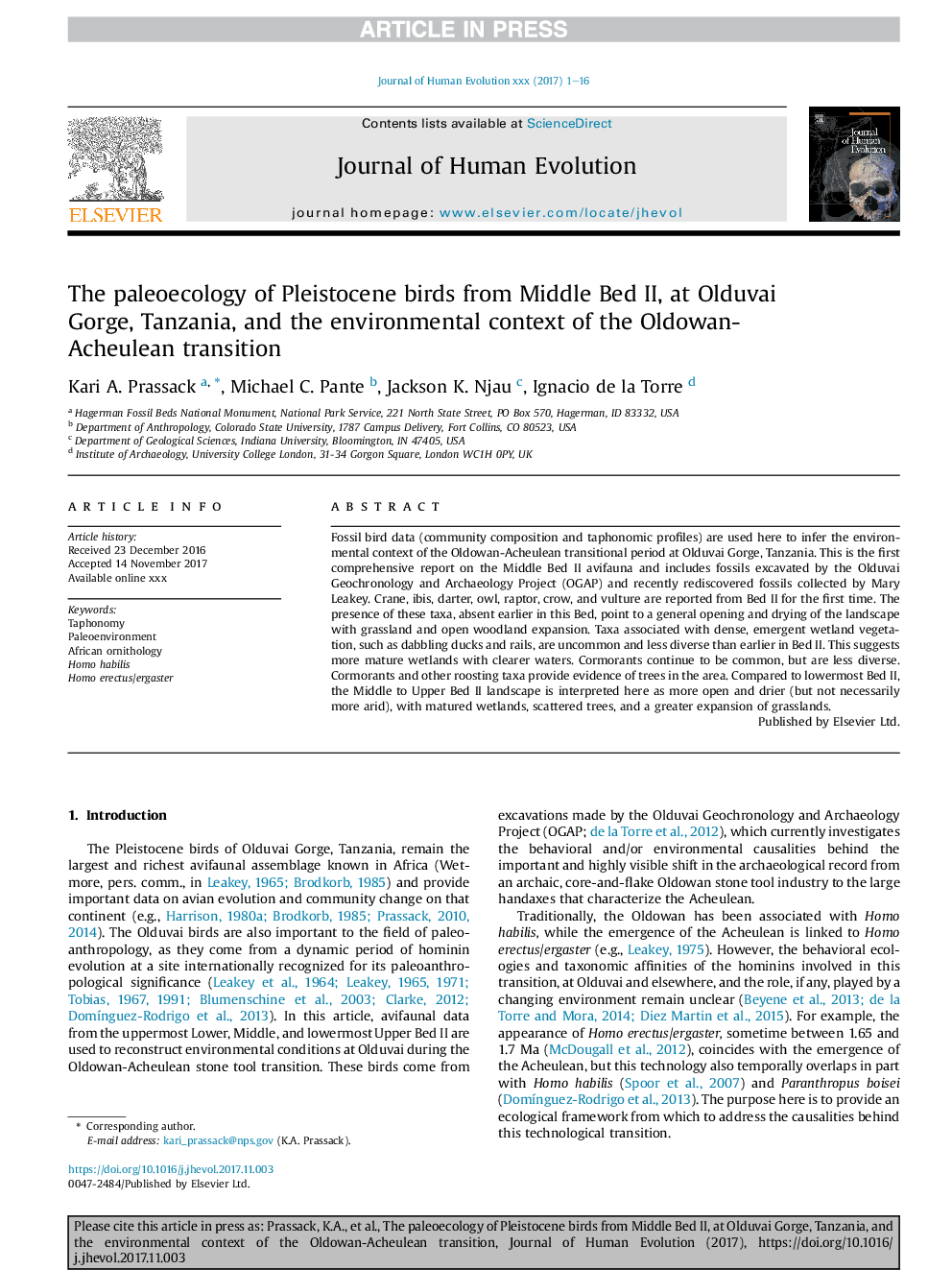 The paleoecology of Pleistocene birds from Middle Bed II, at Olduvai Gorge, Tanzania, and the environmental context of the Oldowan-Acheulean transition