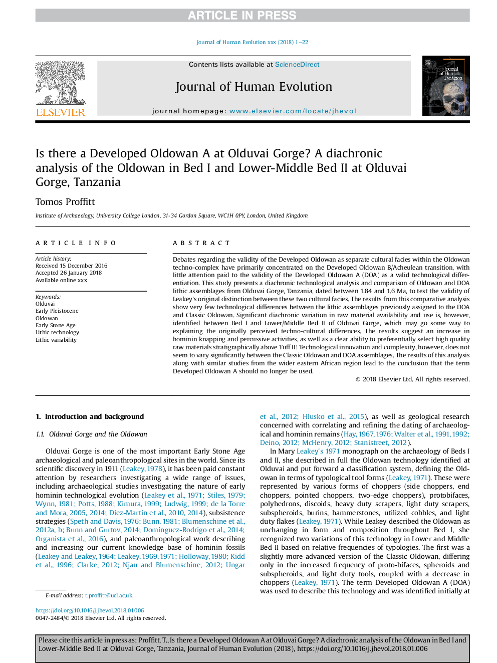 Is there a Developed Oldowan A at Olduvai Gorge? A diachronic analysis of the Oldowan in Bed I and Lower-Middle Bed II at Olduvai Gorge, Tanzania